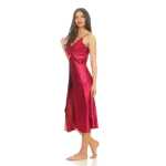 Damen langes Satin Negligé Nachtkleid mit Spitze +...
