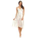Damen langes Satin Negligé Nachtkleid mit Spitze + G-String