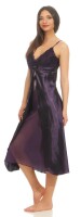Damen langes Satin Negligé Nachtkleid Dessous + G-String, Aubergine/2XL