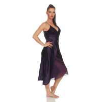 Damen langes Negligé Nachtwäsche Nachtkleid Dessous Satin; Aubergine L
