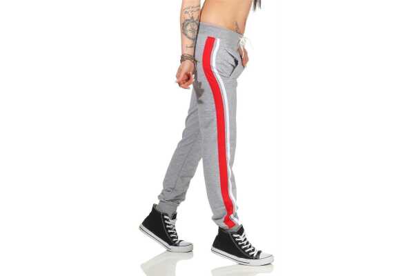 Damen Jogging Hose Sport mit Taschen Streifen;   Grau-Rot S/36