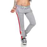 Damen Jogging Hose Sport mit Taschen Streifen;   Grau-Rot S/36