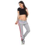 Damen Jogging Hose Sport mit Taschen Streifen;   Grau-Rot S/36
