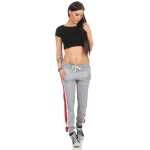 Damen Jogging Hose Sport mit Taschen Streifen;   Grau-Rot S/36