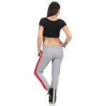 Damen Jogging Hose Sport mit Taschen Streifen;   Grau-Rot S/36