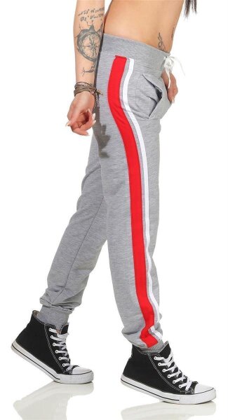 Damen Jogging Hose Sport mit Taschen Streifen;   Grau-Rot M/38