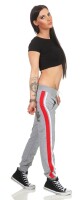 Damen Jogging Hose Sport mit Taschen Streifen;   Grau-Rot M/38