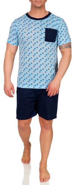 Herren Pyjama Set Short + Shirt Sommer, Blau L