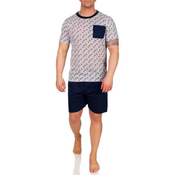Herren Pyjama Set Short + Shirt Sommer, Blau-Grau L