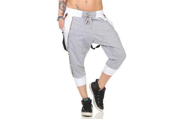 Damen Aladin Jogginhose 3/4 Capri Sport-Hose Baumwolle ; Grau-Weiß M/38