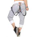 Damen Aladin Jogginhose 3/4 Capri Sport-Hose Baumwolle ; Grau-Weiß M/38