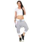 Damen Aladin Jogginhose 3/4 Capri Sport-Hose Baumwolle ; Grau-Weiß M/38