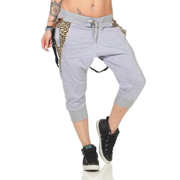 Damen Aladin Jogginhose 3/4 Capri Sport-Hose Baumwolle ; Grau-Leo S/36