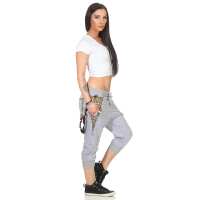 Damen Aladin Jogginhose 3/4 Capri Sport-Hose Baumwolle ; Grau-Leo S/36