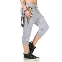 Damen Aladin Jogginhose 3/4 Capri Sport-Hose Baumwolle ; Grau-Leo S/36