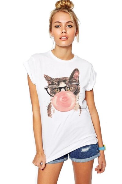 Sommer Shirt Top T-Shirt Katzen-Muster Baumwolle; Weiß/S