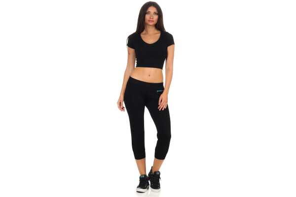 Damen Jogginhose 3/4 Sport-Hose Baumwolle mit Tasche; Schwarz XXL
