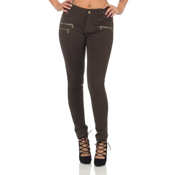 Treggings Jeggings Hüfthose Stretch Slimfit mit Taschen Hose; Khaki XL