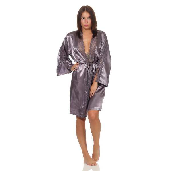 Damen Morgenmantel kurzer Kimono in Satin-Optik Spitze; Grau-Violett S