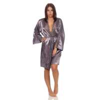 Damen Morgenmantel kurzer Kimono in Satin-Optik Spitze; Grau-Violett S