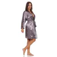 Damen Morgenmantel kurzer Kimono in Satin-Optik Spitze; Grau-Violett S