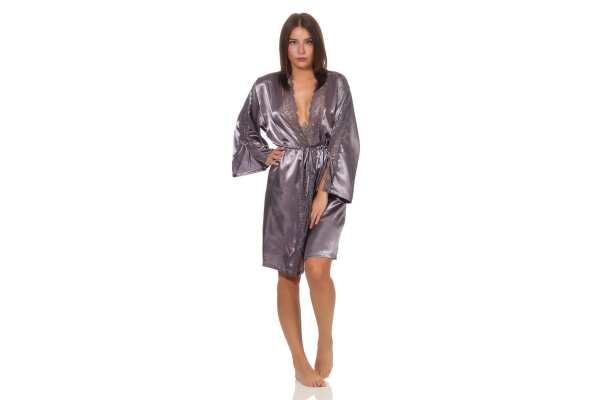 Damen Morgenmantel kurzer Kimono in Satin-Optik Spitze; Grau-Violett L