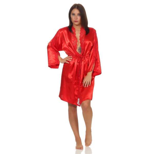 Damen Morgenmantel kurzer Kimono in Satin-Optik Spitze; Rot L