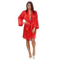 Damen Morgenmantel kurzer Kimono in Satin-Optik Spitze; Rot L