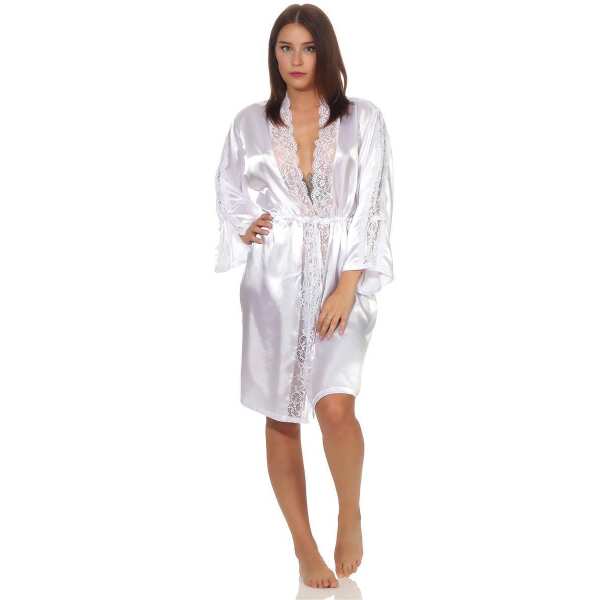Damen Morgenmantel kurzer Kimono in Satin-Optik Spitze; Weiß M
