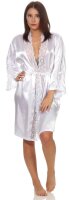 Damen Morgenmantel kurzer Kimono in Satin-Optik Spitze; Weiß XL