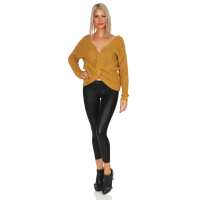 Damen V-Ausschnitt Pullover Strickpullover; S/M;  Senf/Silber/Onesize