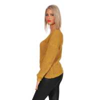 Damen V-Ausschnitt Pullover Strickpullover; S/M;  Senf/Silber/Onesize