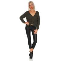 Damen V-Ausschnitt Pullover Strickpullover; S/M;  Khaki/Silber/Onesize