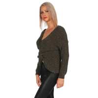 Damen V-Ausschnitt Pullover Strickpullover; S/M;  Khaki/Silber/Onesize