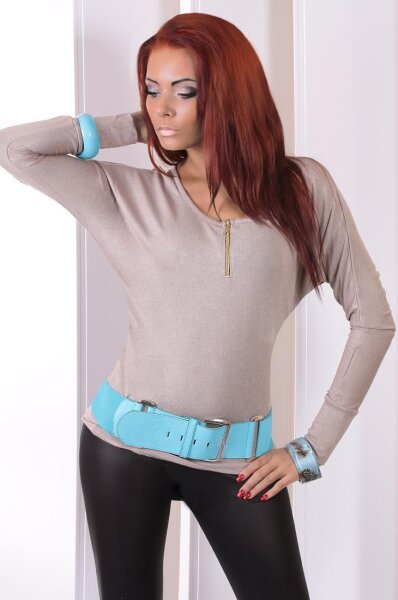 Damen Longshirt Tunika feinstrick Pulli Bluse; Gr. S/M; Cafecreme