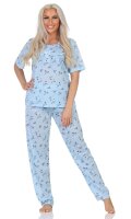 Damen Pyjama Hose + Shirt Schlafanzug Pyjama-Set; Blau/L/40