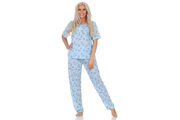 Damen Pyjama Hose + Shirt Schlafanzug Pyjama-Set; Blau/XL/42