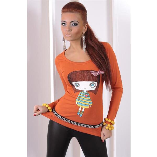 Shirt mit Mädchen Motiv Tunika Top Mode Gr. 36 38 S M 5840 Rostbraun