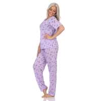 Damen Pyjama Hose + Shirt Schlafanzug Pyjama-Set; Flieder/L/40
