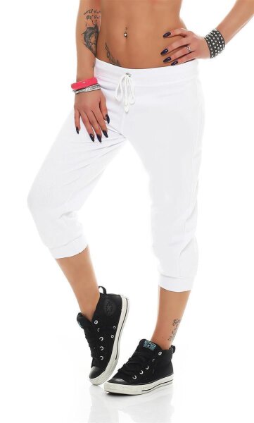 Damen 3/4 Capri Jogginghose Jogging Sport mit Taschen; Weiß M