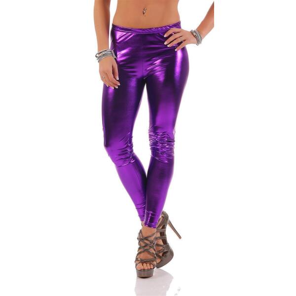Damen Leggings Latex Look Lack Glanz, Lila 2XL