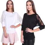 Damen Longshirt mit Tüll Ärmel Tunika Top Bluse,