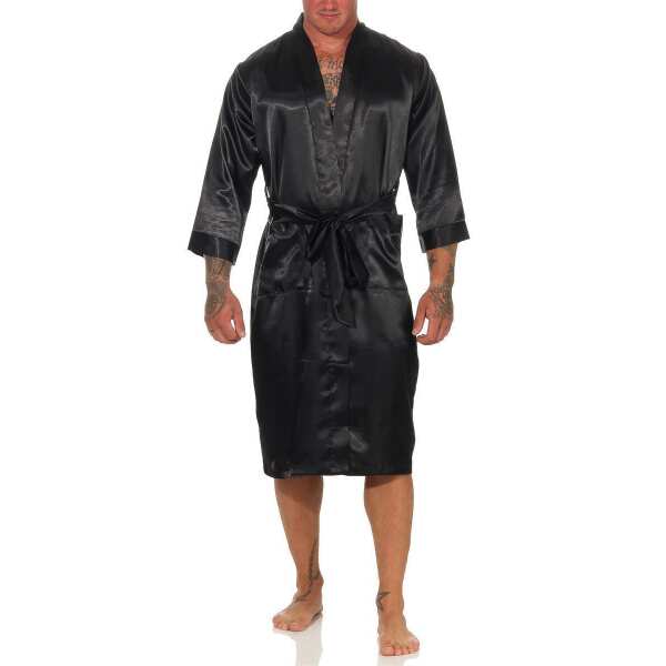 Herren Morgenmantel Robe Bathrobe Bademantel Satin, Schwarz XL