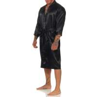 Herren Morgenmantel Robe Bathrobe Bademantel Satin, Schwarz XL