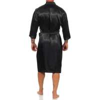 Herren Morgenmantel Robe Bathrobe Bademantel Satin, Schwarz L