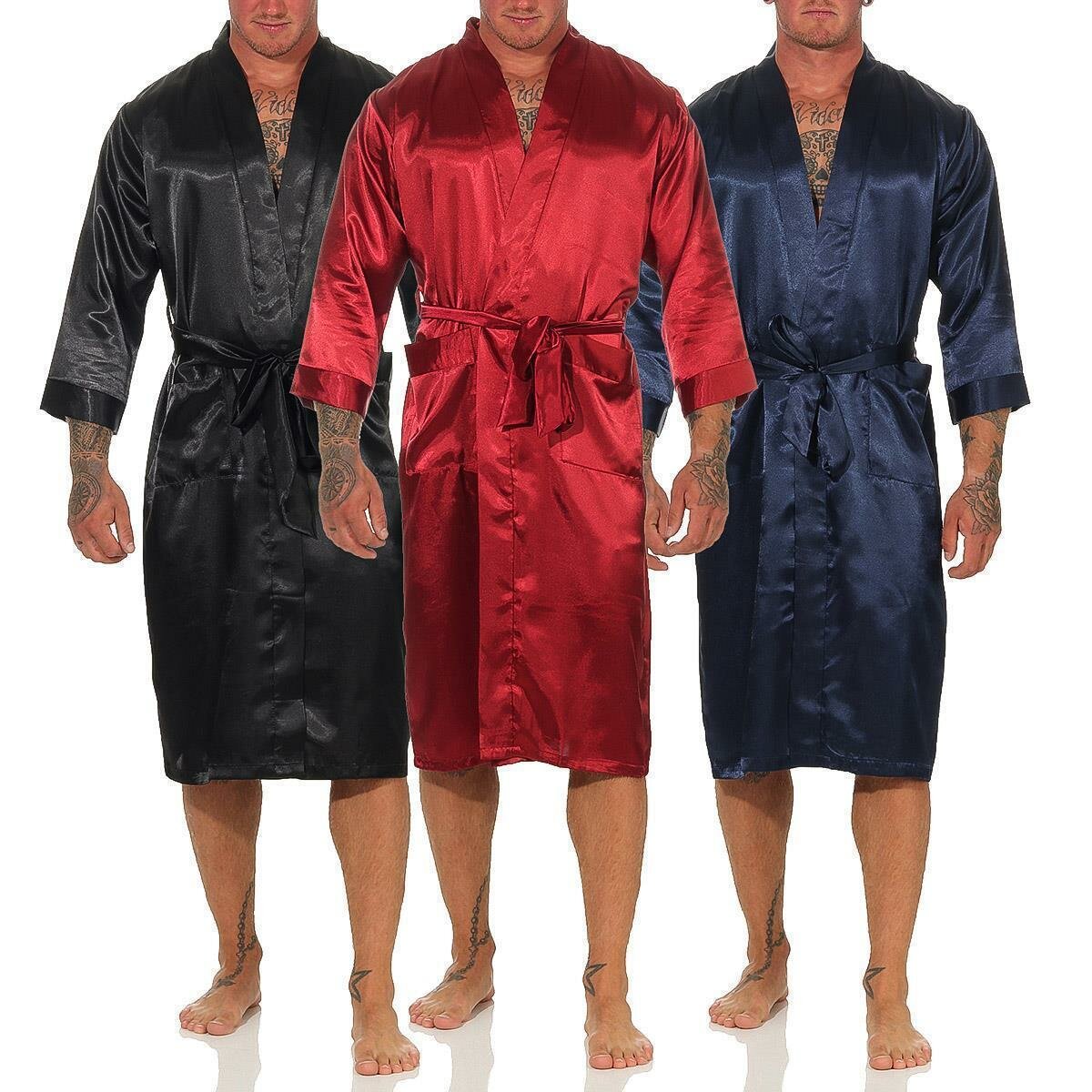 Herren Schwarz € Bademantel Morgenmantel Kimono Bathrobe Glanz Rot, 19,99 Robe