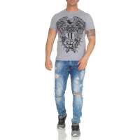 Herren T-Shirt Totenkopf Skull Vintage Aufdruck Biker Tatoo;  Grau S