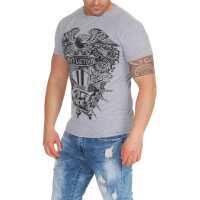 Herren T-Shirt Totenkopf Skull Vintage Aufdruck Biker Tatoo;  Grau S