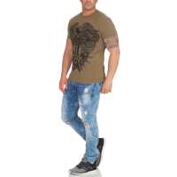 Herren T-Shirt Totenkopf Skull Vintage Aufdruck Biker Tatoo;  Olive S