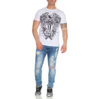 Herren T-Shirt Totenkopf Skull Vintage Aufdruck Biker Tatoo;  Weiß S